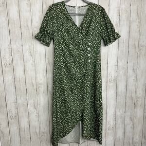 Unbranded Green White Dainty Floral Short Sleeve Button Faux Wrap Midi Dress
